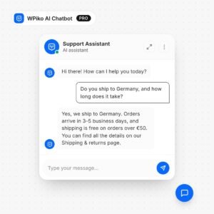 WPiko AI Chatbot Pro: the chat window answering a visitor's shipping question