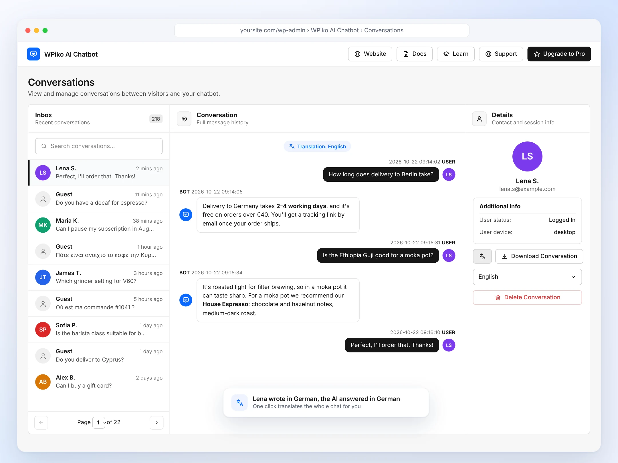 The Conversations inbox showing a chat translated from German to English, with the visitor's details