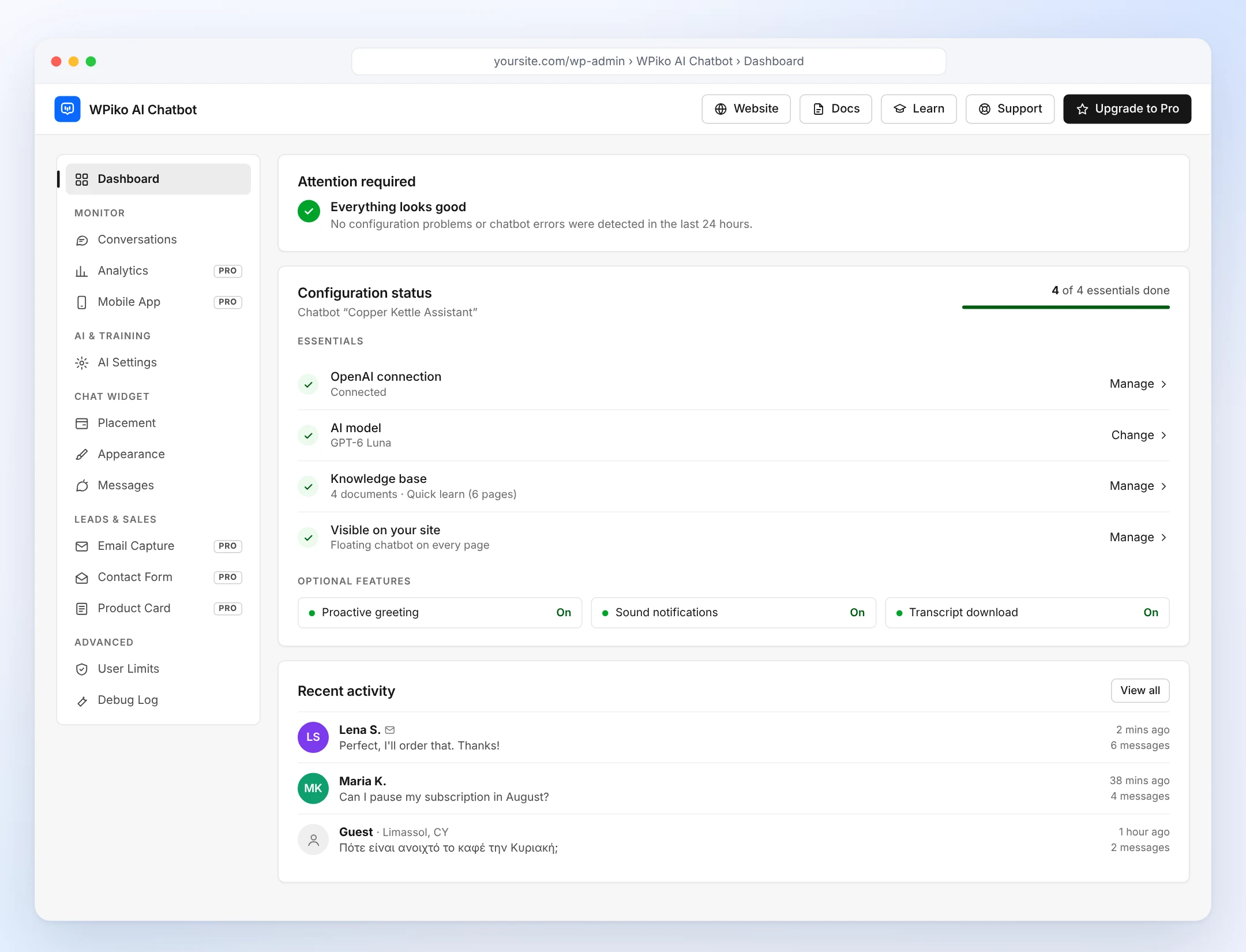 The WPiko AI Chatbot Dashboard with four of four essentials done and recent activity