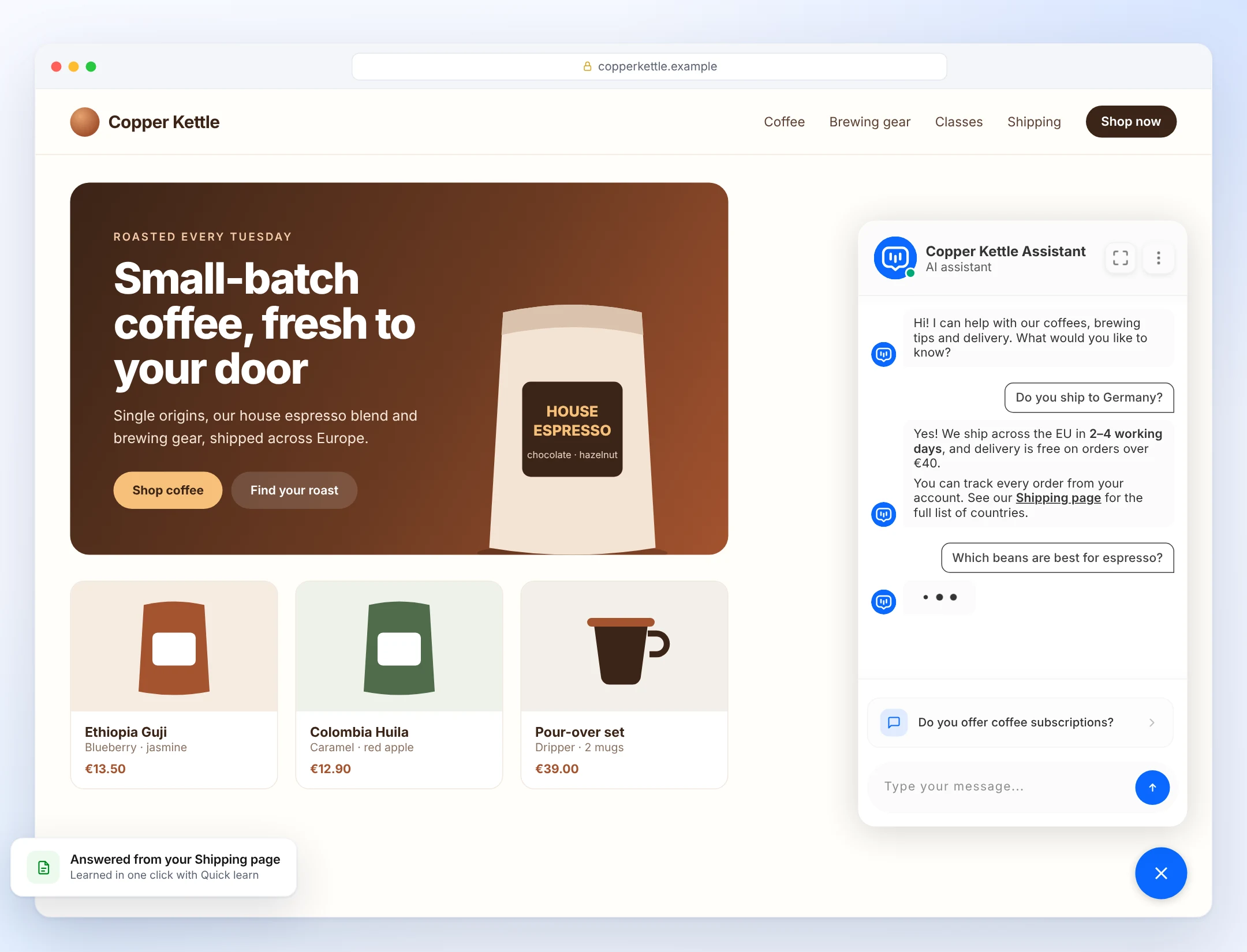 The WPiko AI Chatbot open on a coffee shop website, answering a shipping question from the shop's own Shipping page