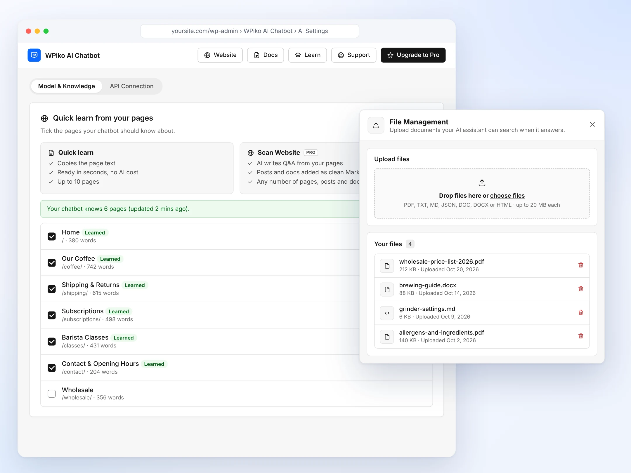 Quick learn from your pages with six learned pages, and the File Management window with four uploaded documents