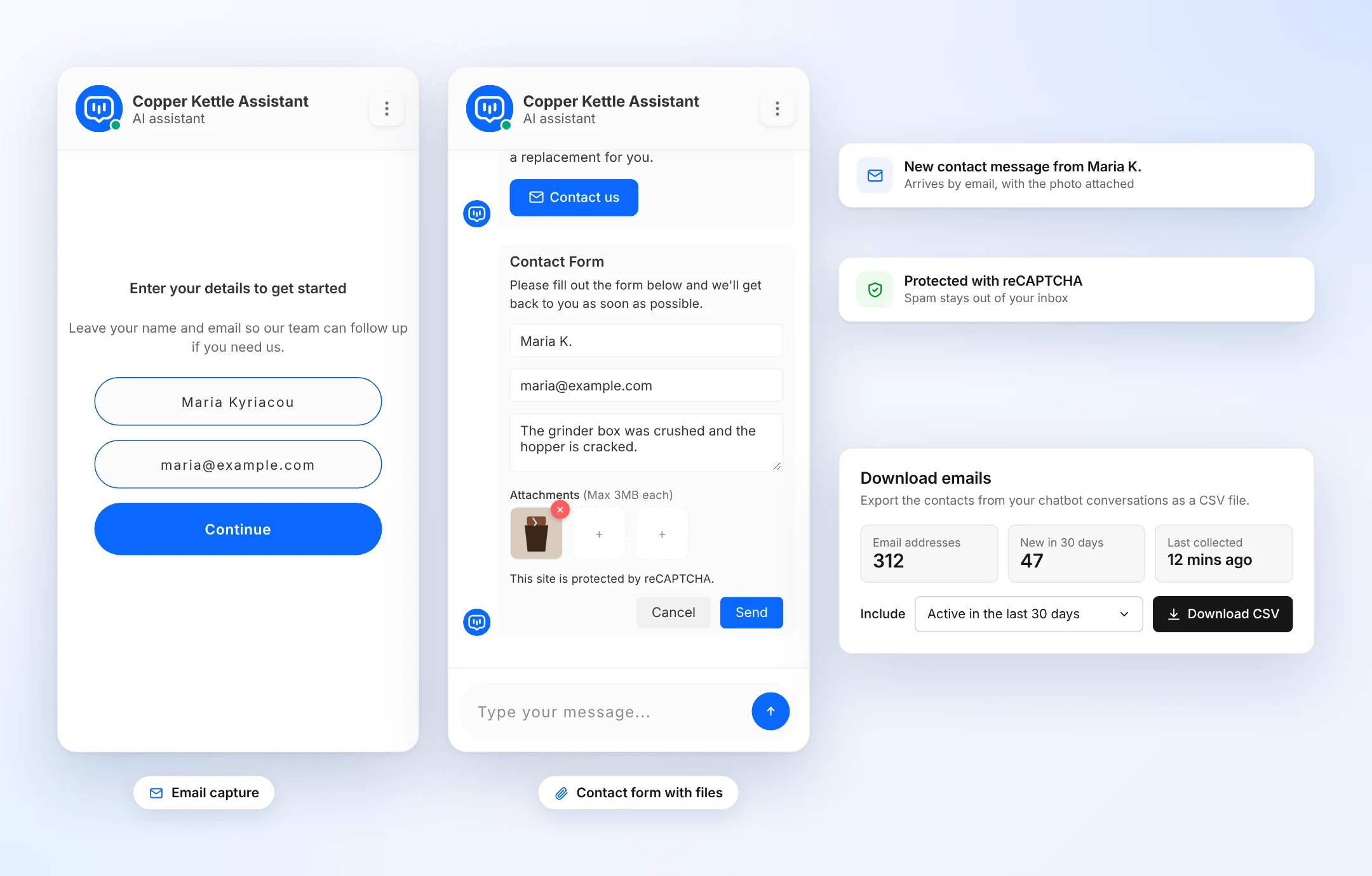 The email capture screen, the in-chat contact form with a photo attached and the Download emails card
