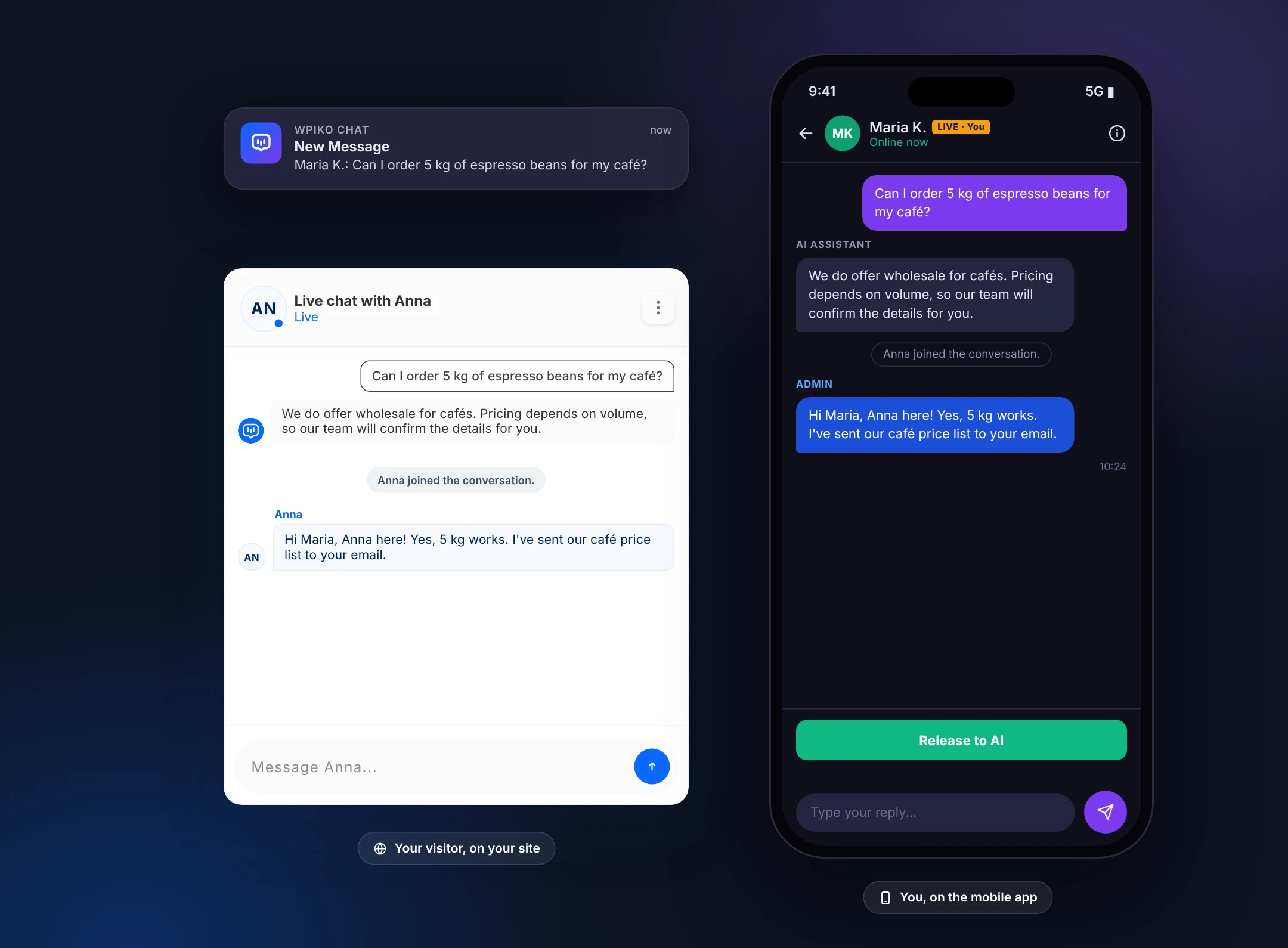A push notification, the live chat window a visitor sees and the WPiko mobile app with the Release to AI button