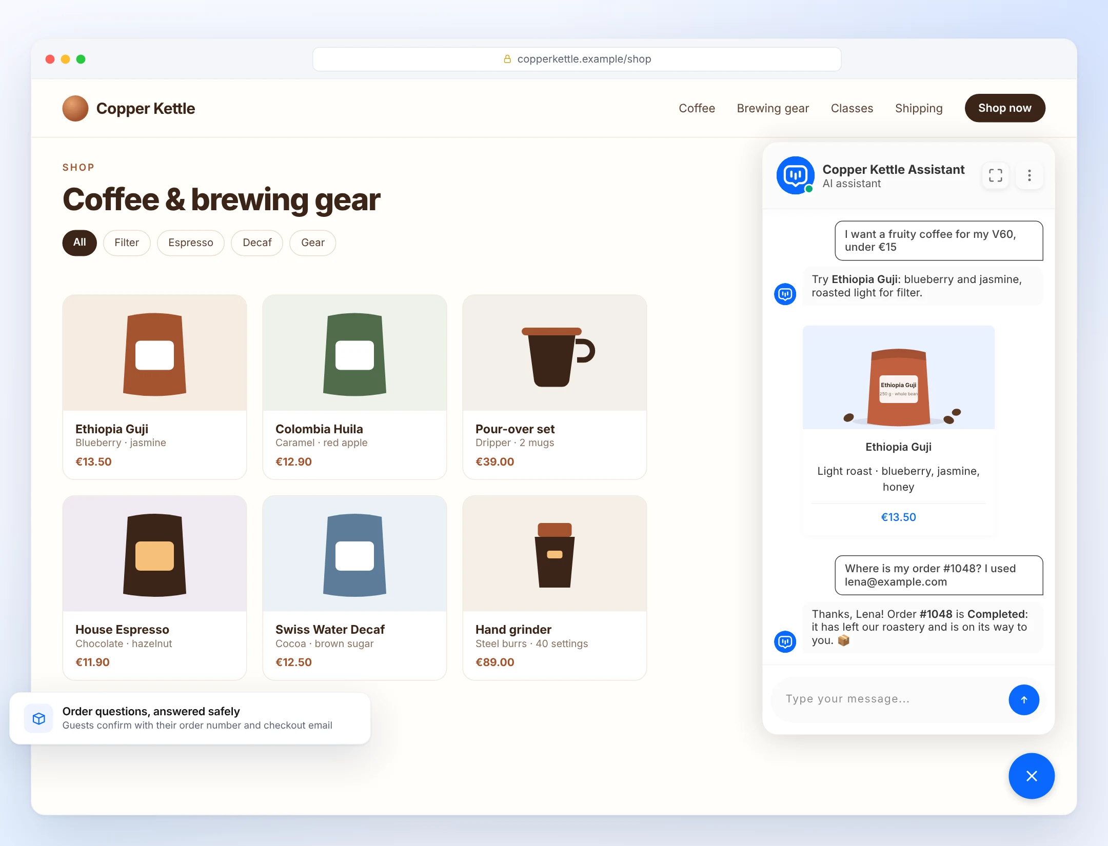 The chatbot on a shop page recommending a coffee as a product card and giving an order status