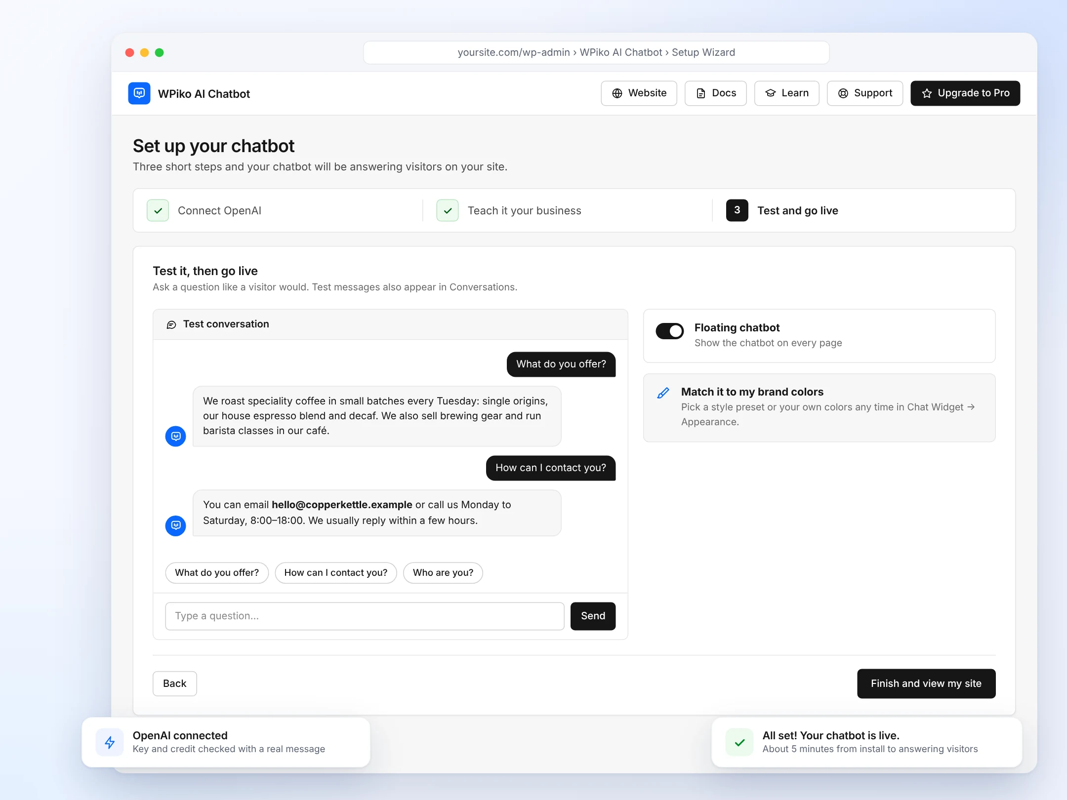 The setup wizard's last step: a test conversation, the floating chatbot switch and the Finish and view my site button